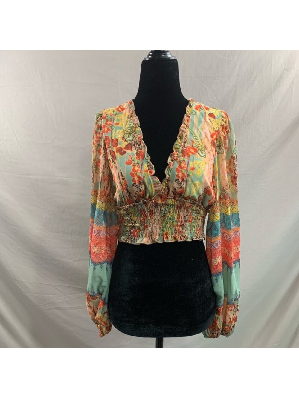 Lantern Sleeve Frilled Shirred Panel Floral & Paisley Print Top - Picture 7 of 10